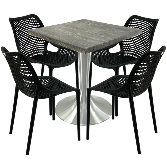 Mobilier pentru cafenea, 4 scaune London Air negru suprapozabile cu masa 70x70x74cm Raki MAPLE blat werzalit si picior aluminiu 50cm