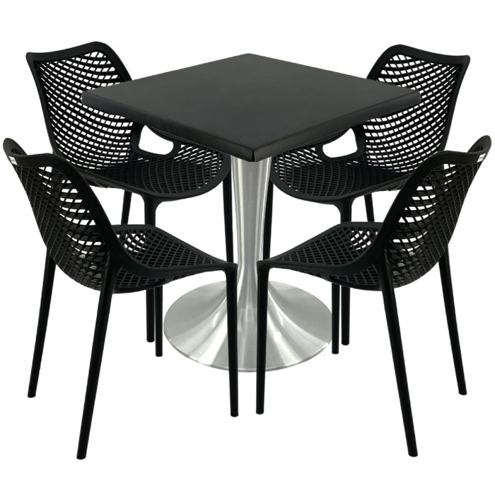 Mobilier pentru cafenea, 4 scaune London Air negru suprapozabile cu masa 70x70x74cm Raki MAPLE blat werzalit si picior aluminiu 50cm