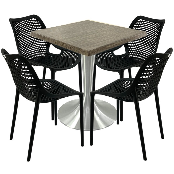 Mobilier pentru cafenea, 4 scaune London Air negru suprapozabile cu masa 70x70x74cm Raki MAPLE blat werzalit si picior aluminiu 50cm