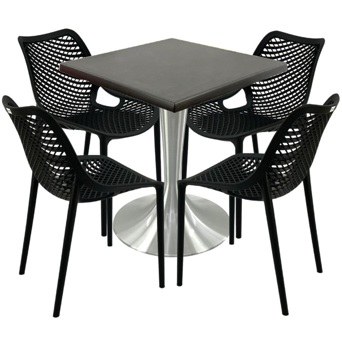 Mobilier pentru cafenea, 4 scaune London Air negru suprapozabile cu masa 70x70x74cm Raki MAPLE blat werzalit si picior aluminiu 50cm