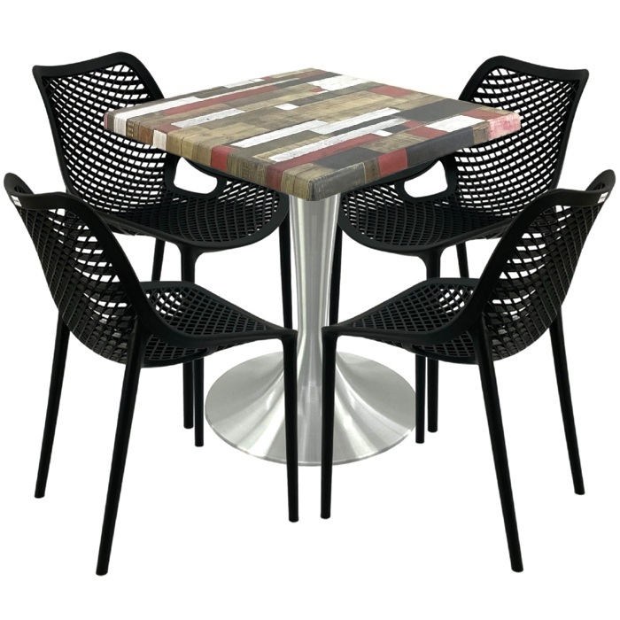 Mobilier pentru cafenea, 4 scaune London Air negru suprapozabile cu masa 70x70x74cm Raki MAPLE blat werzalit si picior aluminiu 50cm