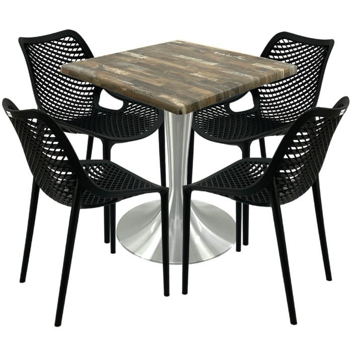 Mobilier pentru cafenea, 4 scaune London Air negru suprapozabile cu masa 70x70x74cm Raki MAPLE blat werzalit si picior aluminiu 50cm