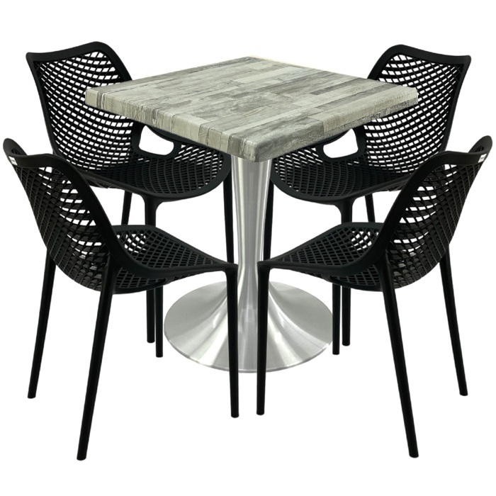 Mobilier pentru cafenea, 4 scaune London Air negru suprapozabile cu masa 70x70x74cm Raki MAPLE blat werzalit si picior aluminiu 50cm