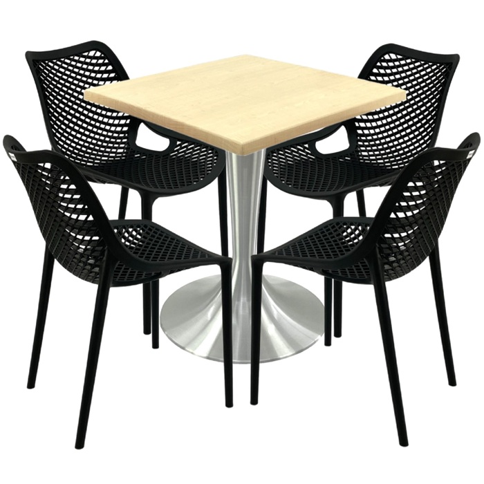 Mobilier pentru cafenea, 4 scaune London Air negru suprapozabile cu masa 70x70x74cm Raki MAPLE blat werzalit si picior aluminiu 50cm