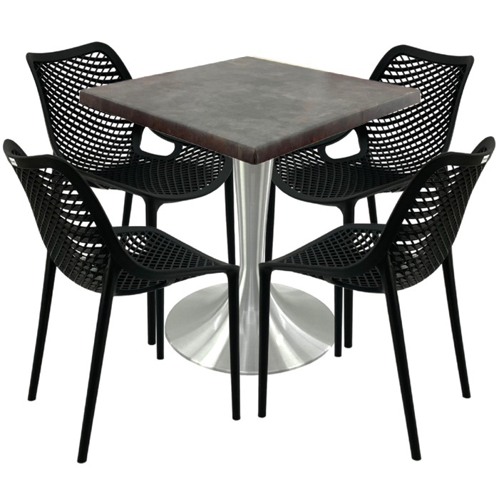 Mobilier pentru cafenea, 4 scaune London Air negru suprapozabile cu masa 70x70x74cm Raki MAPLE blat werzalit si picior aluminiu 50cm