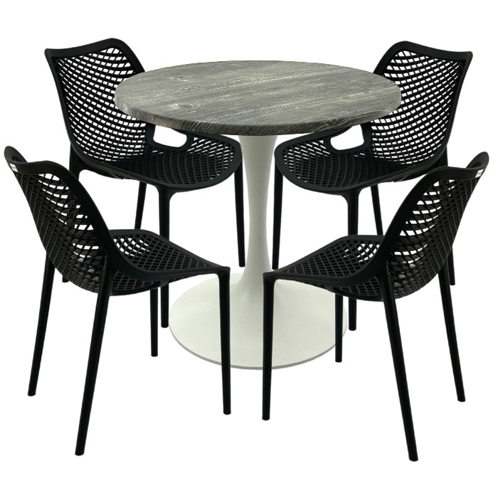Mobilier pentru cafenea,masa rotunda 80x74cm Raki MAPLE blat werzalit, 4 scaune London Air negru suprapozabile,picior turnat 50cm