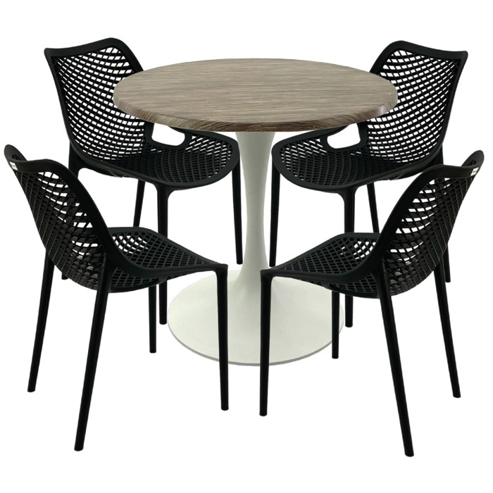 Mobilier pentru cafenea,masa rotunda 80x74cm Raki MAPLE blat werzalit, 4 scaune London Air negru suprapozabile,picior turnat 50cm