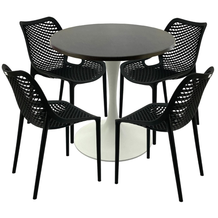 Mobilier pentru cafenea,masa rotunda 80x74cm Raki MAPLE blat werzalit, 4 scaune London Air negru suprapozabile,picior turnat 50cm