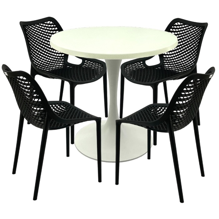 Mobilier pentru cafenea,masa rotunda 80x74cm Raki MAPLE blat werzalit, 4 scaune London Air negru suprapozabile,picior turnat 50cm