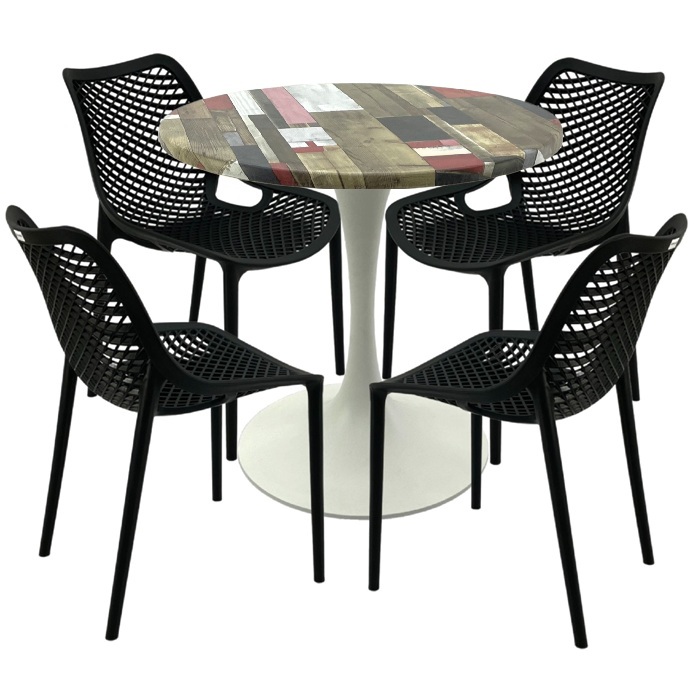 Mobilier pentru cafenea,masa rotunda 80x74cm Raki MAPLE blat werzalit, 4 scaune London Air negru suprapozabile,picior turnat 50cm