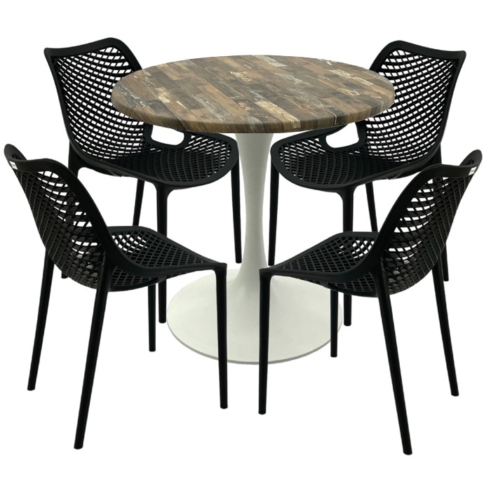 Mobilier pentru cafenea,masa rotunda 80x74cm Raki MAPLE blat werzalit, 4 scaune London Air negru suprapozabile,picior turnat 50cm