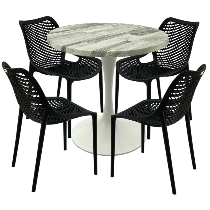 Mobilier pentru cafenea,masa rotunda 80x74cm Raki MAPLE blat werzalit, 4 scaune London Air negru suprapozabile,picior turnat 50cm