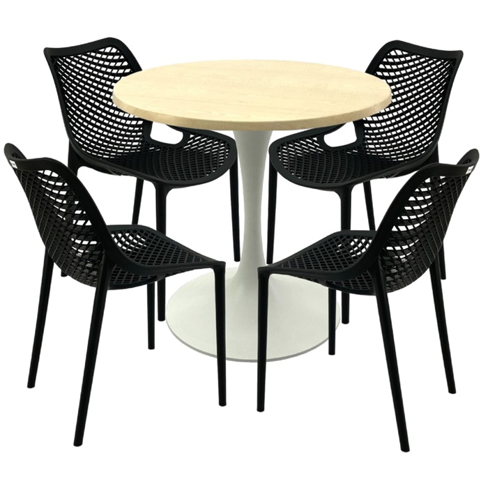 Mobilier pentru cafenea,masa rotunda 80x74cm Raki MAPLE blat werzalit, 4 scaune London Air negru suprapozabile,picior turnat 50cm