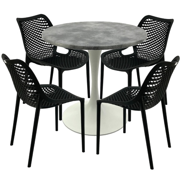 Mobilier pentru cafenea,masa rotunda 80x74cm Raki MAPLE blat werzalit, 4 scaune London Air negru suprapozabile,picior turnat 50cm