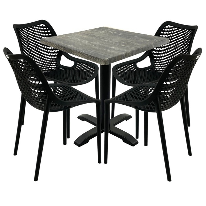 Mobilier pentru restaurant, 4 scaune London Air negru suprapozabile cu masa patrata 70x70x74cm Raki MAPLE blat werzalit si picior negru 