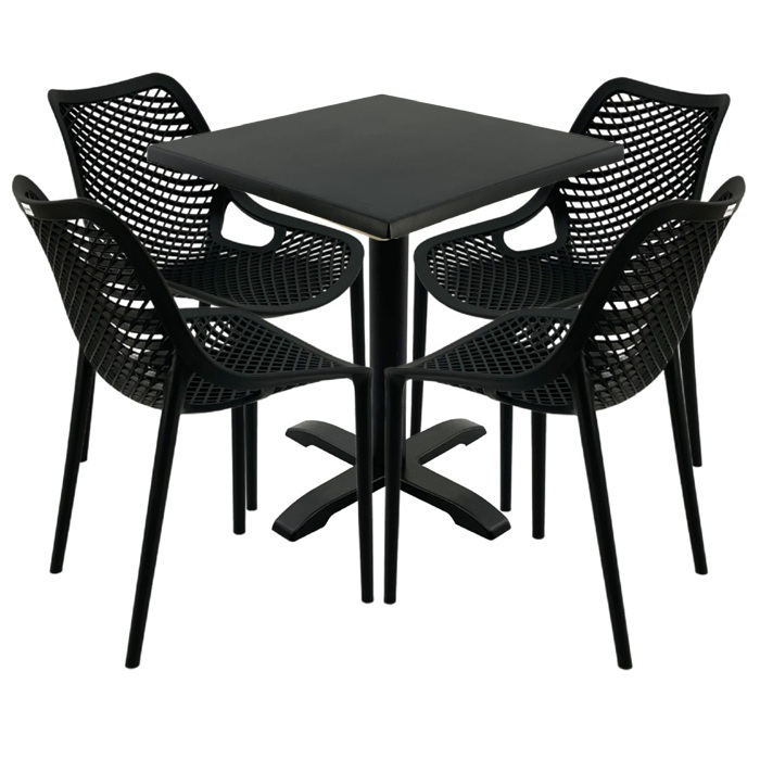 Mobilier pentru restaurant, 4 scaune London Air negru suprapozabile cu masa patrata 70x70x74cm Raki MAPLE blat werzalit si picior negru 