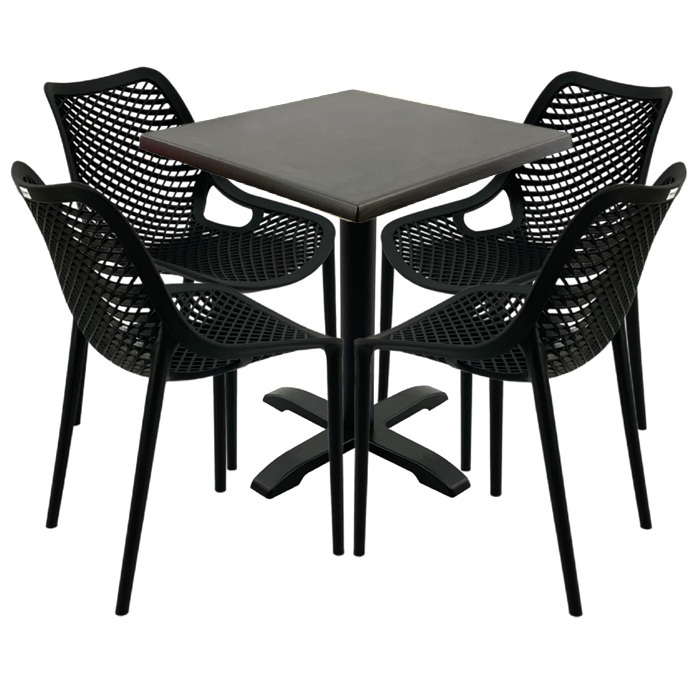 Mobilier pentru restaurant, 4 scaune London Air negru suprapozabile cu masa patrata 70x70x74cm Raki MAPLE blat werzalit si picior negru 