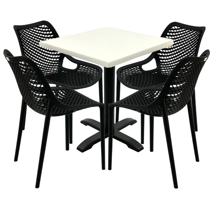 Mobilier pentru restaurant, 4 scaune London Air negru suprapozabile cu masa patrata 70x70x74cm Raki MAPLE blat werzalit si picior negru 
