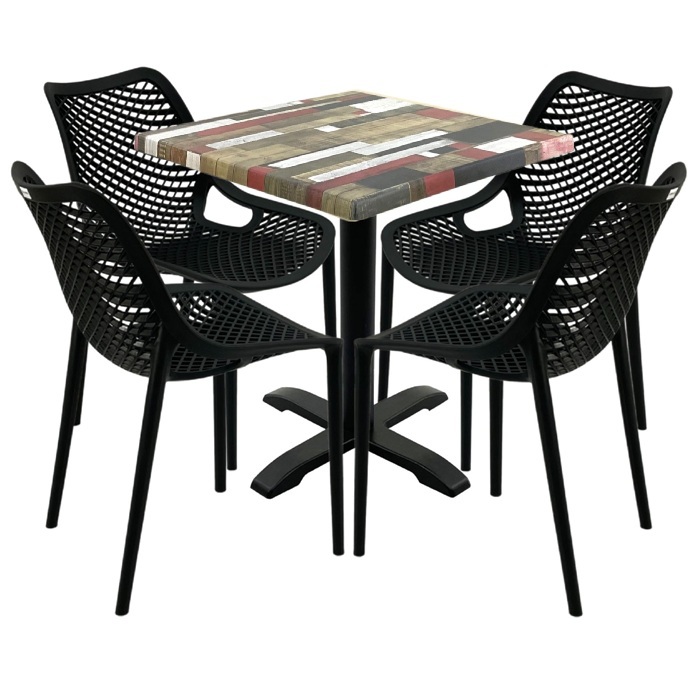 Mobilier pentru restaurant, 4 scaune London Air negru suprapozabile cu masa patrata 70x70x74cm Raki MAPLE blat werzalit si picior negru 