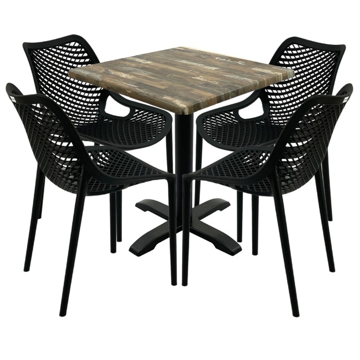 Mobilier pentru restaurant, 4 scaune London Air negru suprapozabile cu masa patrata 70x70x74cm Raki MAPLE blat werzalit si picior negru 