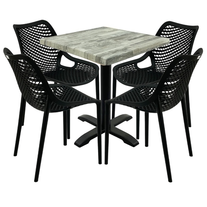Mobilier pentru restaurant, 4 scaune London Air negru suprapozabile cu masa patrata 70x70x74cm Raki MAPLE blat werzalit si picior negru 