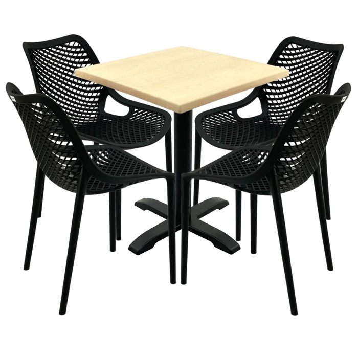Mobilier pentru restaurant, 4 scaune London Air negru suprapozabile cu masa patrata 70x70x74cm Raki MAPLE blat werzalit si picior negru 
