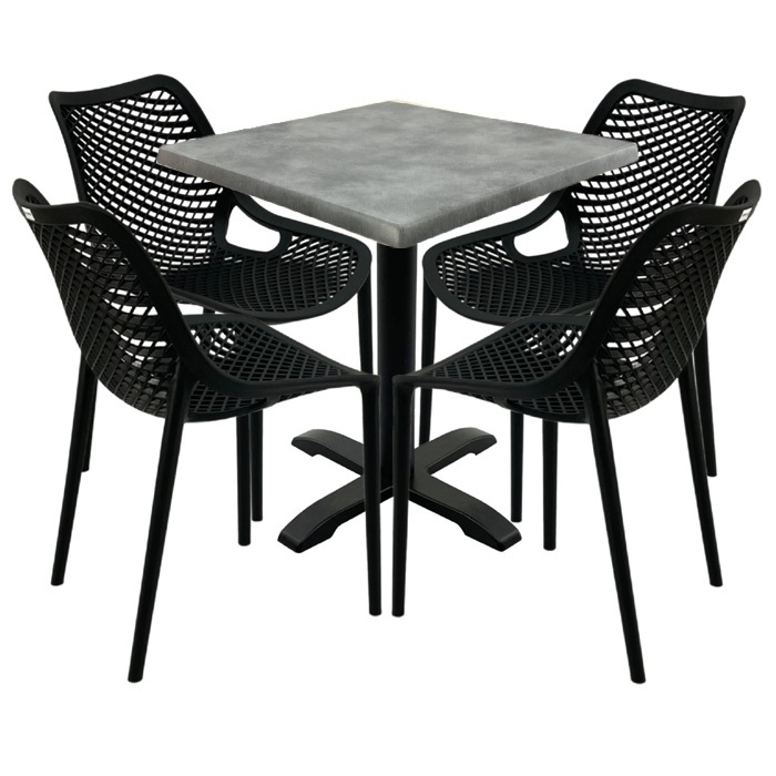 Mobilier pentru restaurant, 4 scaune London Air negru suprapozabile cu masa patrata 70x70x74cm Raki MAPLE blat werzalit si picior negru 