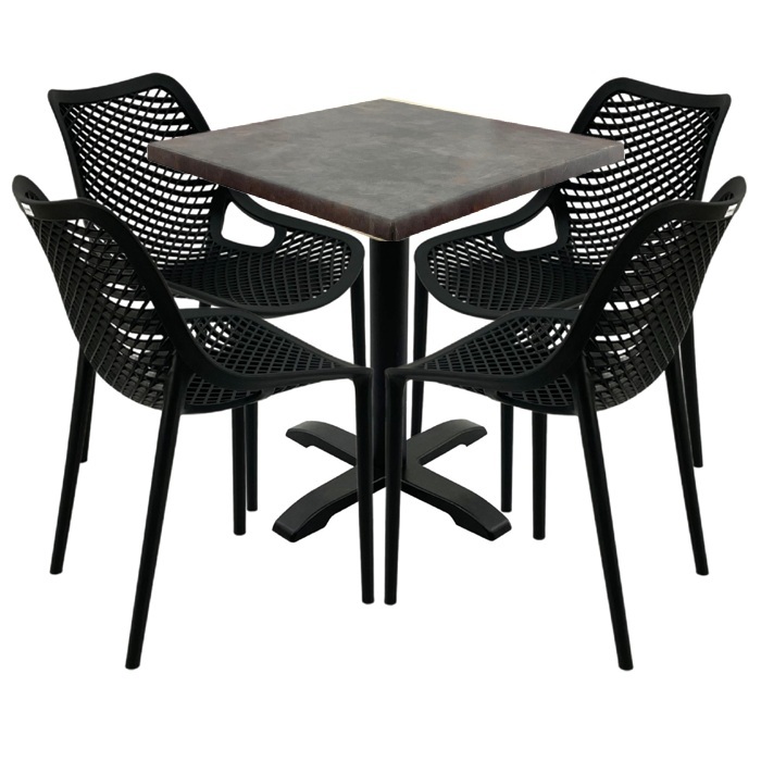 Mobilier pentru restaurant, 4 scaune London Air negru suprapozabile cu masa patrata 70x70x74cm Raki MAPLE blat werzalit si picior negru 