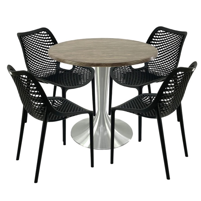Mobilier pentru restaurant,masa rotunda 80x72cm Raki MAPLE blat werzalit, 4 scaune London Air negru suprapozabile, picior aluminiu 50cm