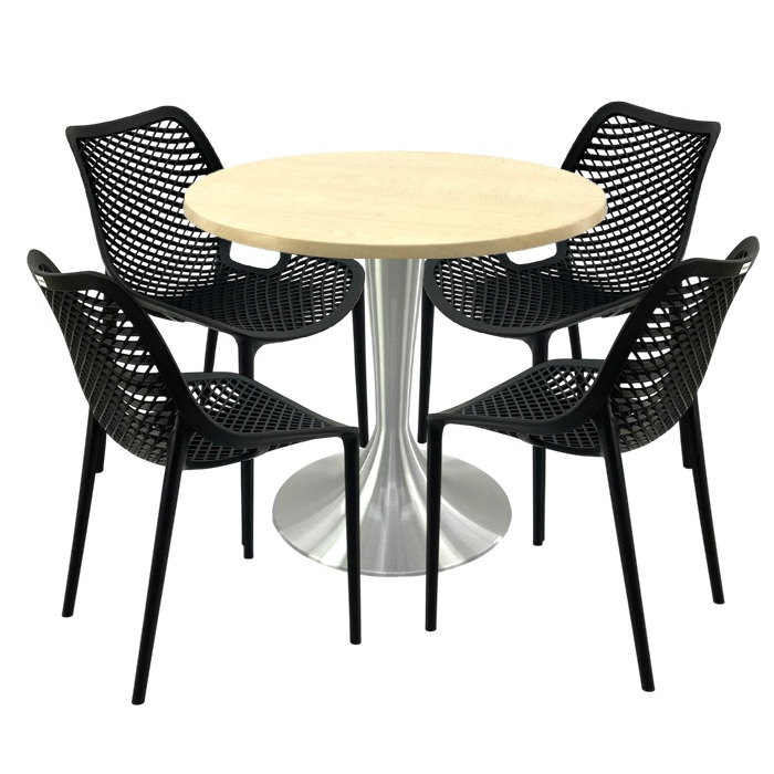 Mobilier pentru restaurant,masa rotunda 80x72cm Raki MAPLE blat werzalit, 4 scaune London Air negru suprapozabile, picior aluminiu 50cm