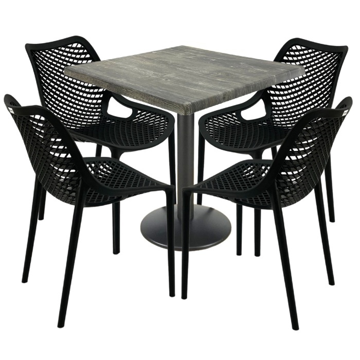 Mobilier restaurant, 4 scaune London Air negru suprapozabile cu masa patrata 80x80x74cm Raki Maple blat werzalit si baza metalica, negru