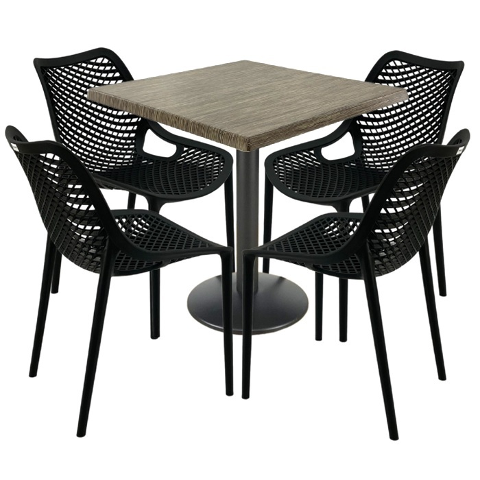 Mobilier restaurant, 4 scaune London Air negru suprapozabile cu masa patrata 80x80x74cm Raki Maple blat werzalit si baza metalica, negru