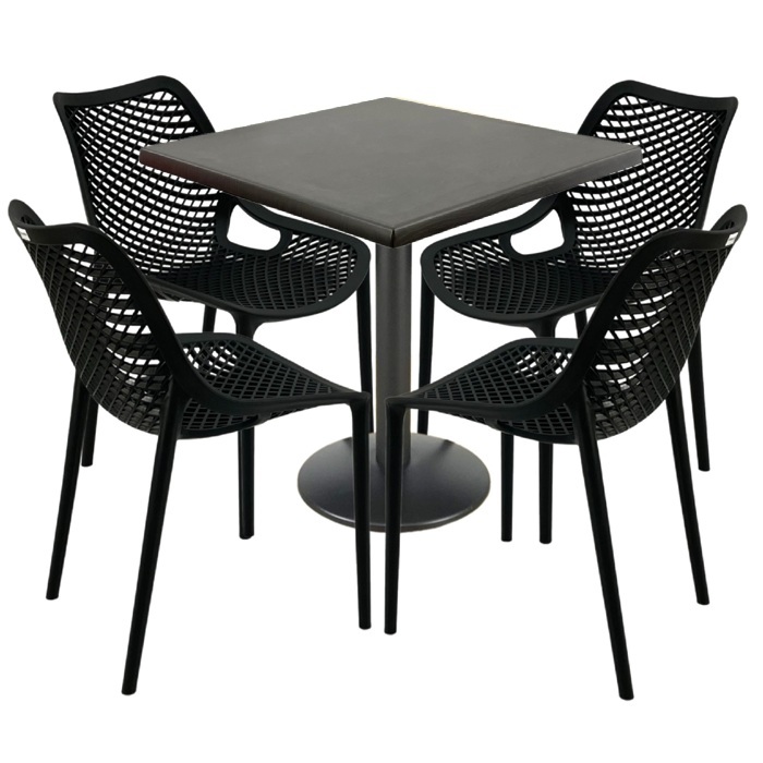 Mobilier restaurant, 4 scaune London Air negru suprapozabile cu masa patrata 80x80x74cm Raki Maple blat werzalit si baza metalica, negru