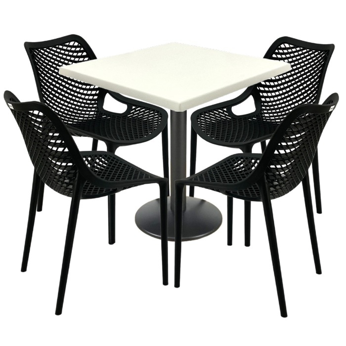 Mobilier restaurant, 4 scaune London Air negru suprapozabile cu masa patrata 80x80x74cm Raki Maple blat werzalit si baza metalica, negru