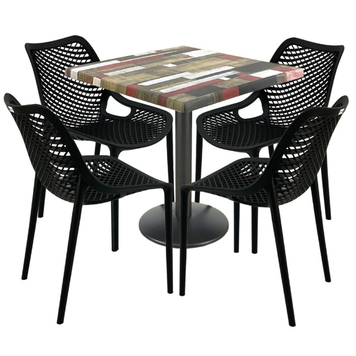Mobilier restaurant, 4 scaune London Air negru suprapozabile cu masa patrata 80x80x74cm Raki Maple blat werzalit si baza metalica, negru