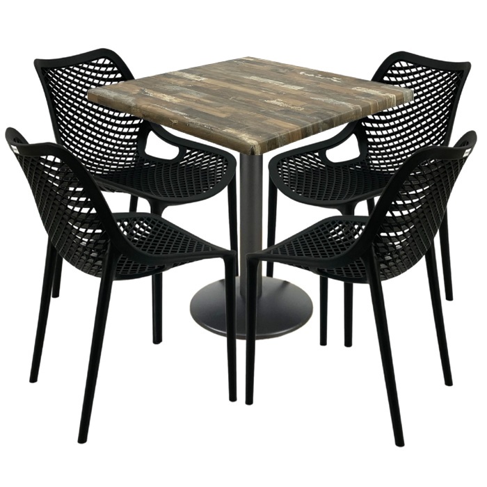 Mobilier restaurant, 4 scaune London Air negru suprapozabile cu masa patrata 80x80x74cm Raki Maple blat werzalit si baza metalica, negru