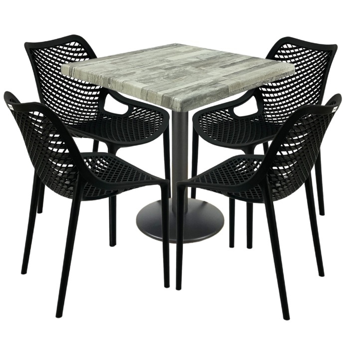 Mobilier restaurant, 4 scaune London Air negru suprapozabile cu masa patrata 80x80x74cm Raki Maple blat werzalit si baza metalica, negru