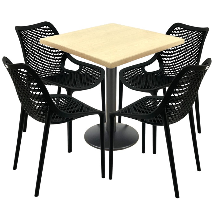 Mobilier restaurant, 4 scaune London Air negru suprapozabile cu masa patrata 80x80x74cm Raki Maple blat werzalit si baza metalica, negru
