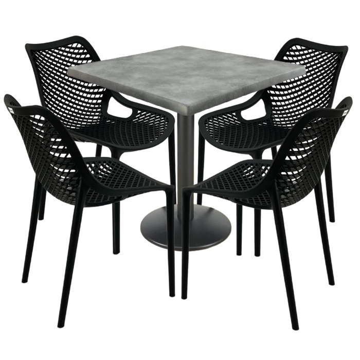 Mobilier restaurant, 4 scaune London Air negru suprapozabile cu masa patrata 80x80x74cm Raki Maple blat werzalit si baza metalica, negru