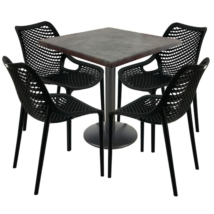 Mobilier restaurant, 4 scaune London Air negru suprapozabile cu masa patrata 80x80x74cm Raki Maple blat werzalit si baza metalica, negru