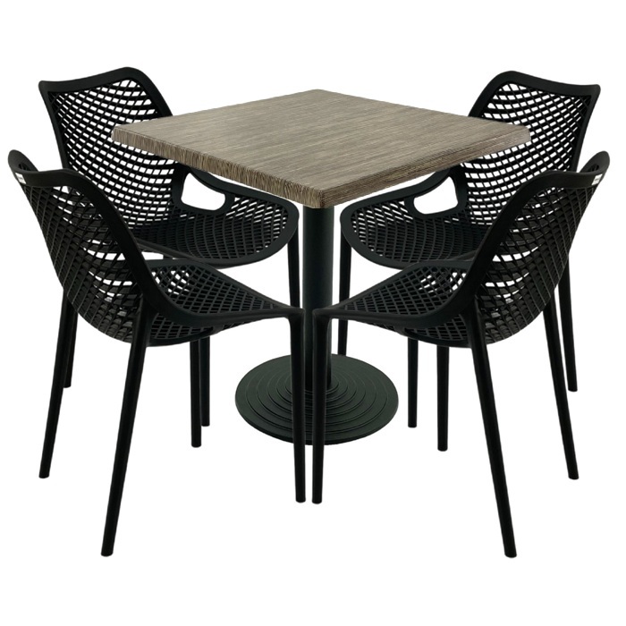 Mobilier restaurant,masa patrata 80x80x74cm Raki Maple blat werzalit, 4 scaune London Air negru suprapozabile,picior cu baza fonta 
