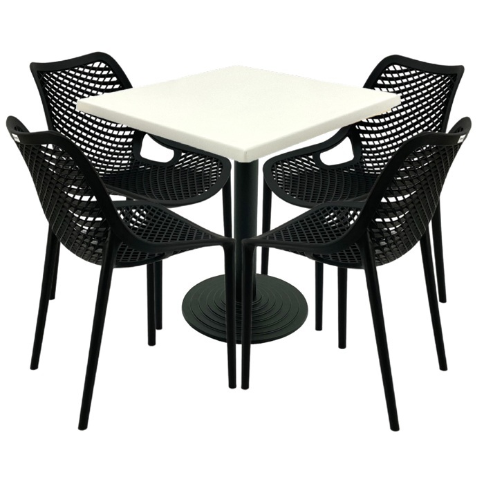 Mobilier restaurant,masa patrata 80x80x74cm Raki Maple blat werzalit, 4 scaune London Air negru suprapozabile,picior cu baza fonta 