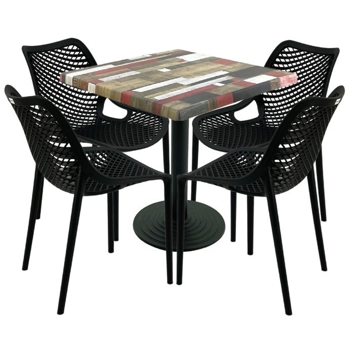 Mobilier restaurant,masa patrata 80x80x74cm Raki Maple blat werzalit, 4 scaune London Air negru suprapozabile,picior cu baza fonta 