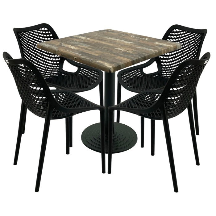 Mobilier restaurant,masa patrata 80x80x74cm Raki Maple blat werzalit, 4 scaune London Air negru suprapozabile,picior cu baza fonta 