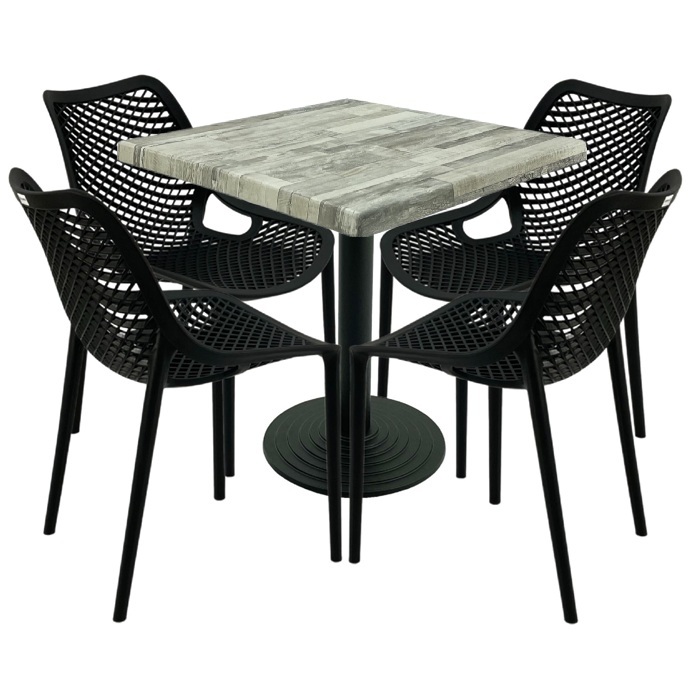 Mobilier restaurant,masa patrata 80x80x74cm Raki Maple blat werzalit, 4 scaune London Air negru suprapozabile,picior cu baza fonta 