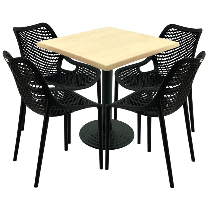 Mobilier restaurant,masa patrata 80x80x74cm Raki Maple blat werzalit, 4 scaune London Air negru suprapozabile,picior cu baza fonta 