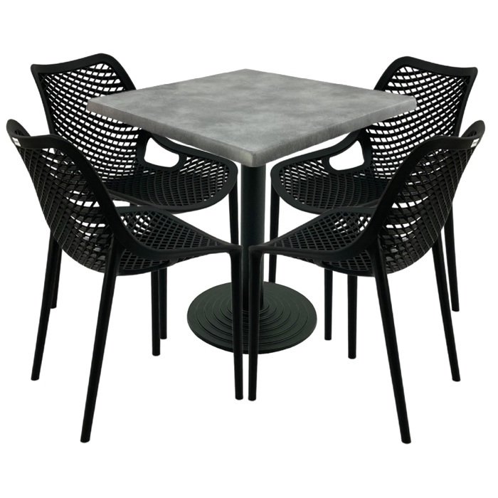 Mobilier restaurant,masa patrata 80x80x74cm Raki Maple blat werzalit, 4 scaune London Air negru suprapozabile,picior cu baza fonta 