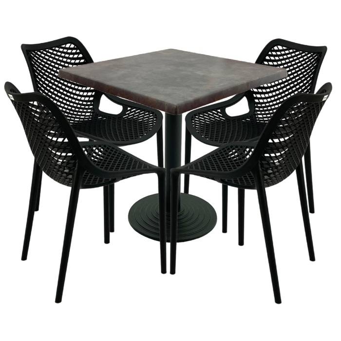 Mobilier restaurant,masa patrata 80x80x74cm Raki Maple blat werzalit, 4 scaune London Air negru suprapozabile,picior cu baza fonta 