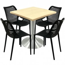 Mobilier restaurant,masa Raki Maple 80x80x74cm blat werzalit, 4 scaune London Air negru suprapozabile, picior aluminiu 50cm