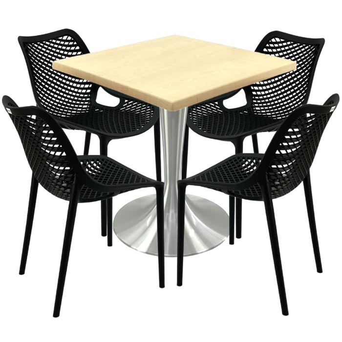 Mobilier restaurant,masa Raki Maple 80x80x74cm blat werzalit, 4 scaune London Air negru suprapozabile, picior aluminiu 50cm
